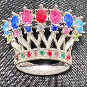 Crown Brooch Pin Colorful Rhinestones Silver‎ Tone Costume Jewelry